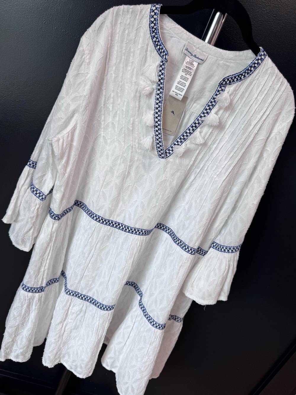 Tommy Bahama | NWT White Cotton Dress Navy Embroidered Trim | Women's Medium
